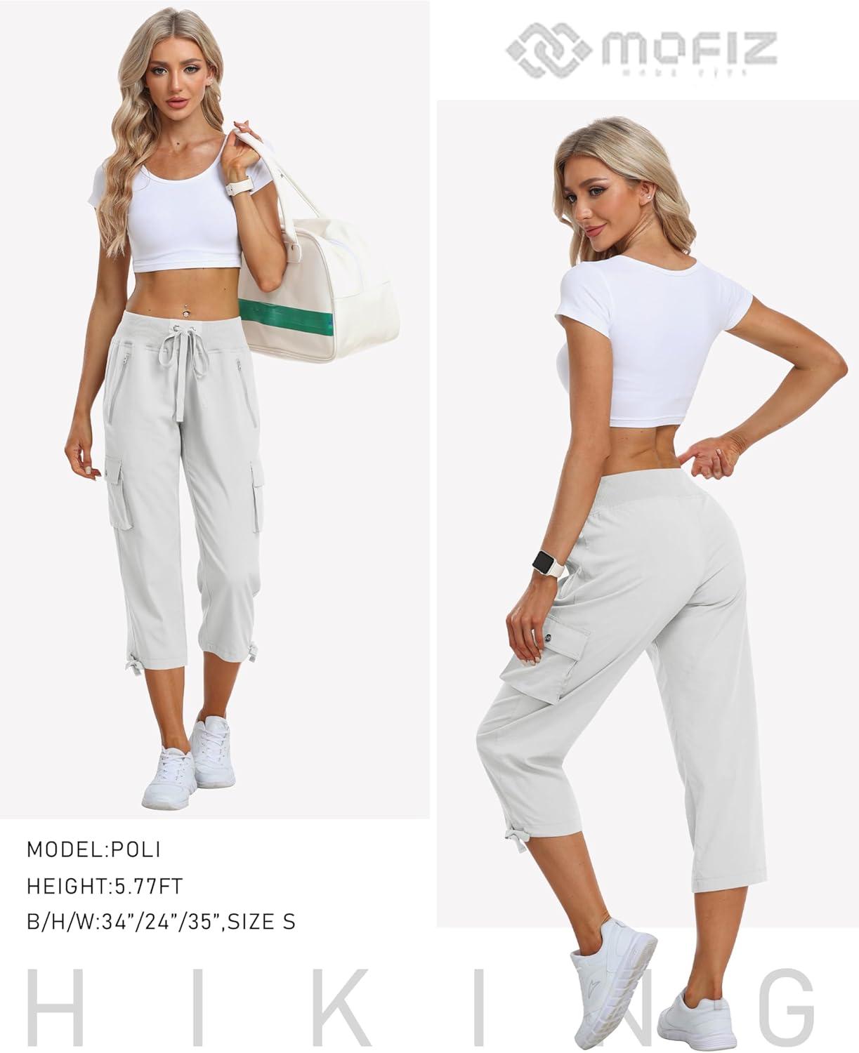 image:imageMoFiz Womens Cargo Capris Hiking Pants Lightweight Quick Dry Outdoor Athletic Travel Casual Loose Comfy Cute Zipper PocketsC11rice White Khaki