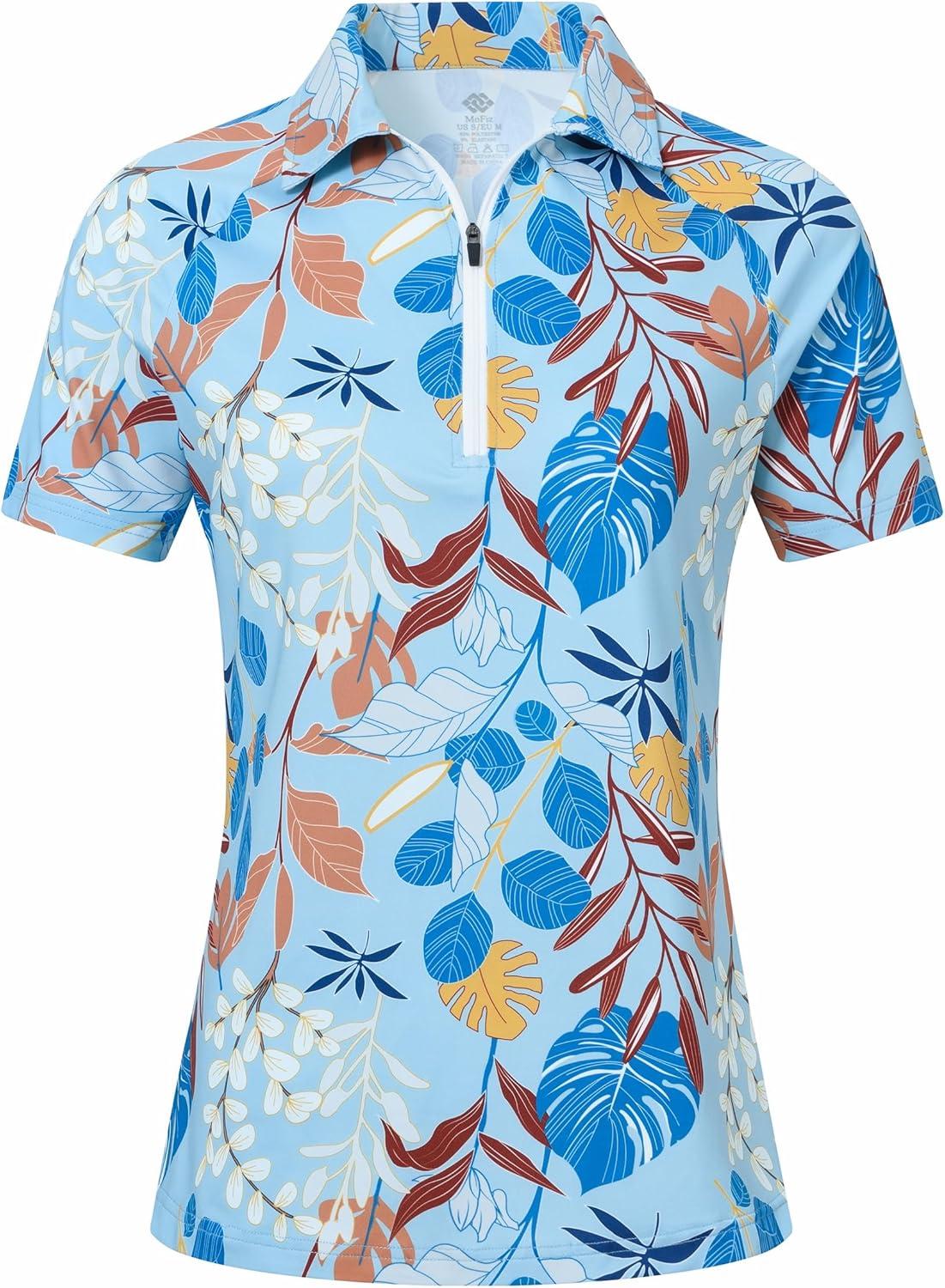 image:imageMoFiz Womens Golf Polo Shirt Short Sleeve Collared 14 Zip Athletic Tennis Shirt QuickDry Lightweight Summer Casual TopsBlue Botanical Print