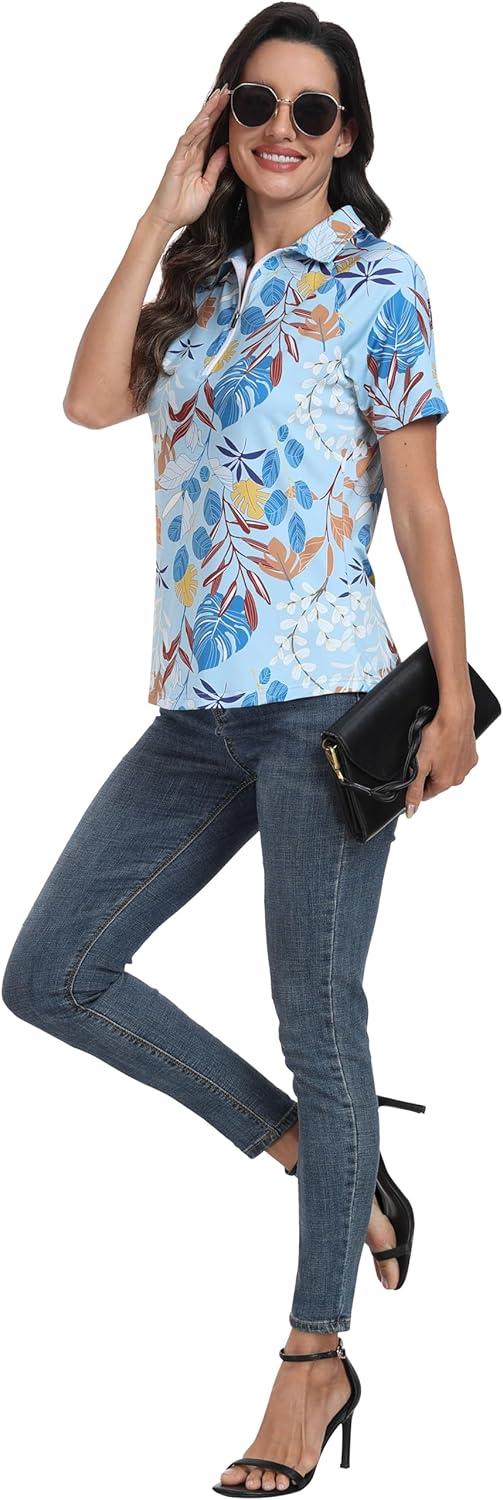 image:imageMoFiz Womens Golf Polo Shirt Short Sleeve Collared 14 Zip Athletic Tennis Shirt QuickDry Lightweight Summer Casual TopsBlue Botanical Print