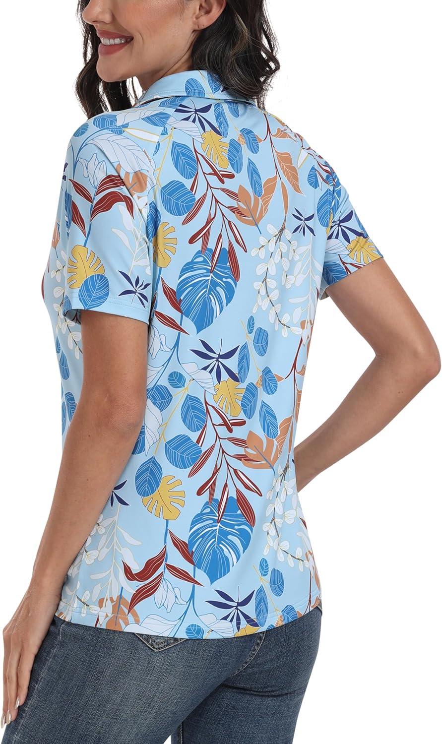 image:imageMoFiz Womens Golf Polo Shirt Short Sleeve Collared 14 Zip Athletic Tennis Shirt QuickDry Lightweight Summer Casual TopsBlue Botanical Print