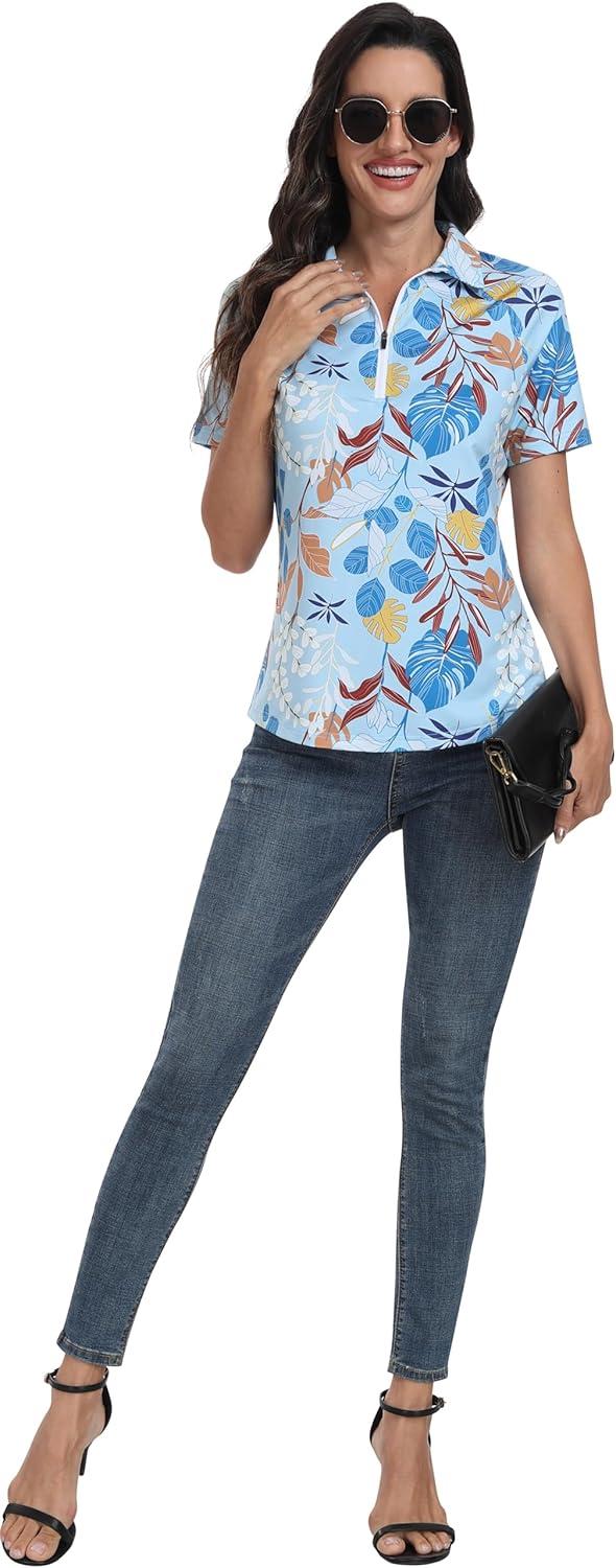 image:imageMoFiz Womens Golf Polo Shirt Short Sleeve Collared 14 Zip Athletic Tennis Shirt QuickDry Lightweight Summer Casual TopsBlue Botanical Print