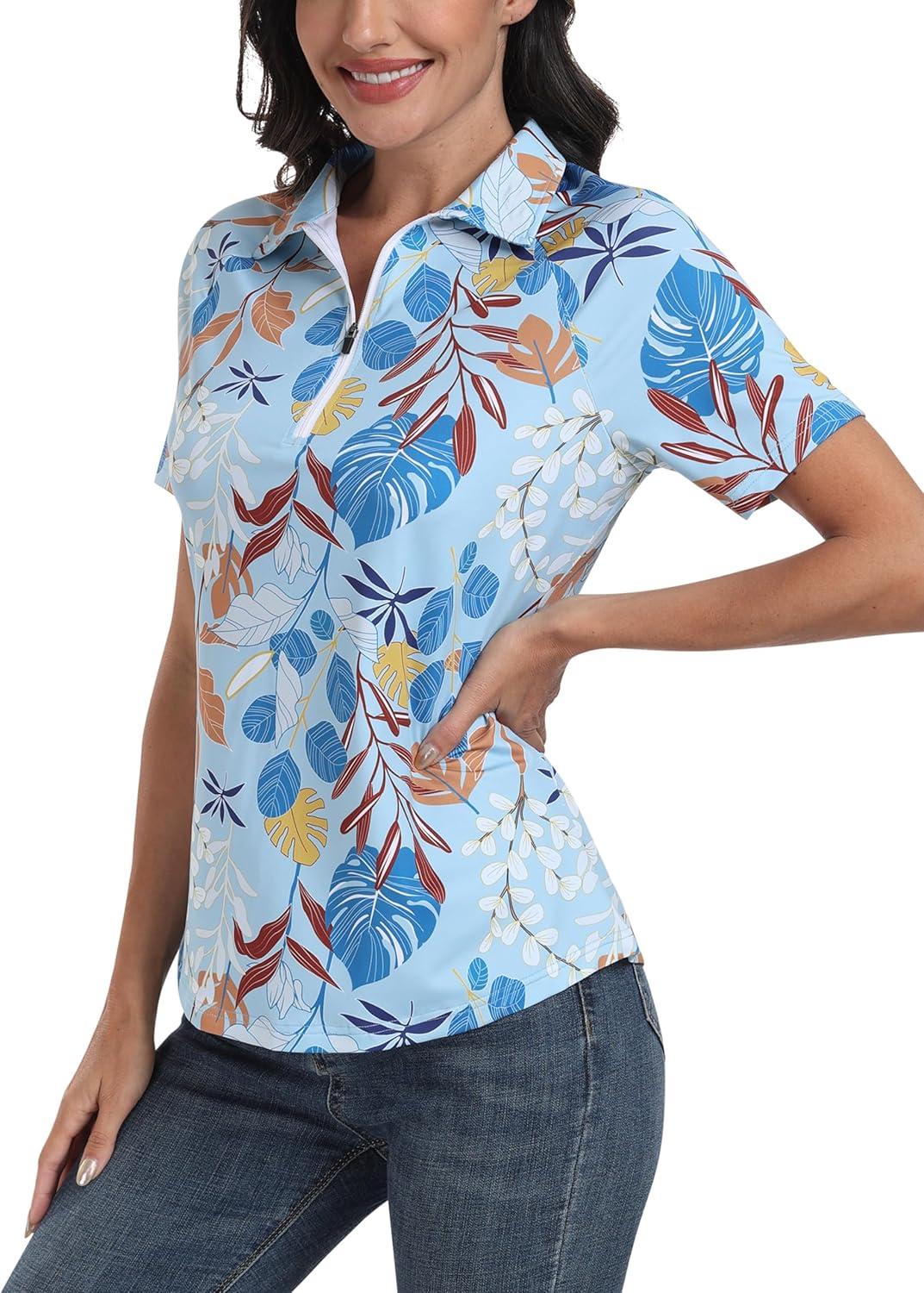 image:imageMoFiz Womens Golf Polo Shirt Short Sleeve Collared 14 Zip Athletic Tennis Shirt QuickDry Lightweight Summer Casual TopsBlue Botanical Print