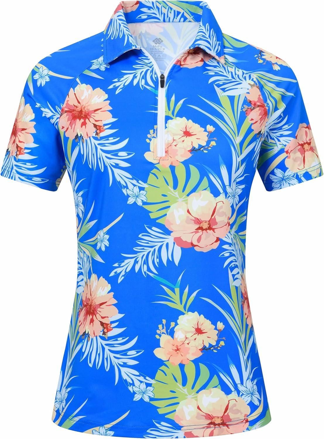 image:imageMoFiz Womens Golf Polo Shirt Short Sleeve Collared 14 Zip Athletic Tennis Shirt QuickDry Lightweight Summer Casual TopsBlue Floral Print