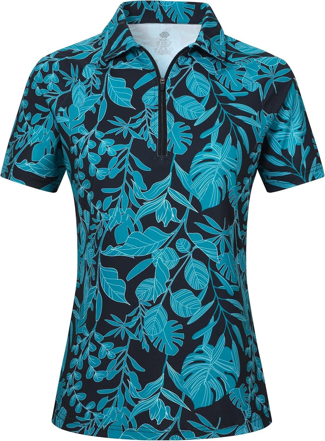 image:imageMoFiz Womens Golf Polo Shirt Short Sleeve Collared 14 Zip Athletic Tennis Shirt QuickDry Lightweight Summer Casual TopsGreen Botanical Print