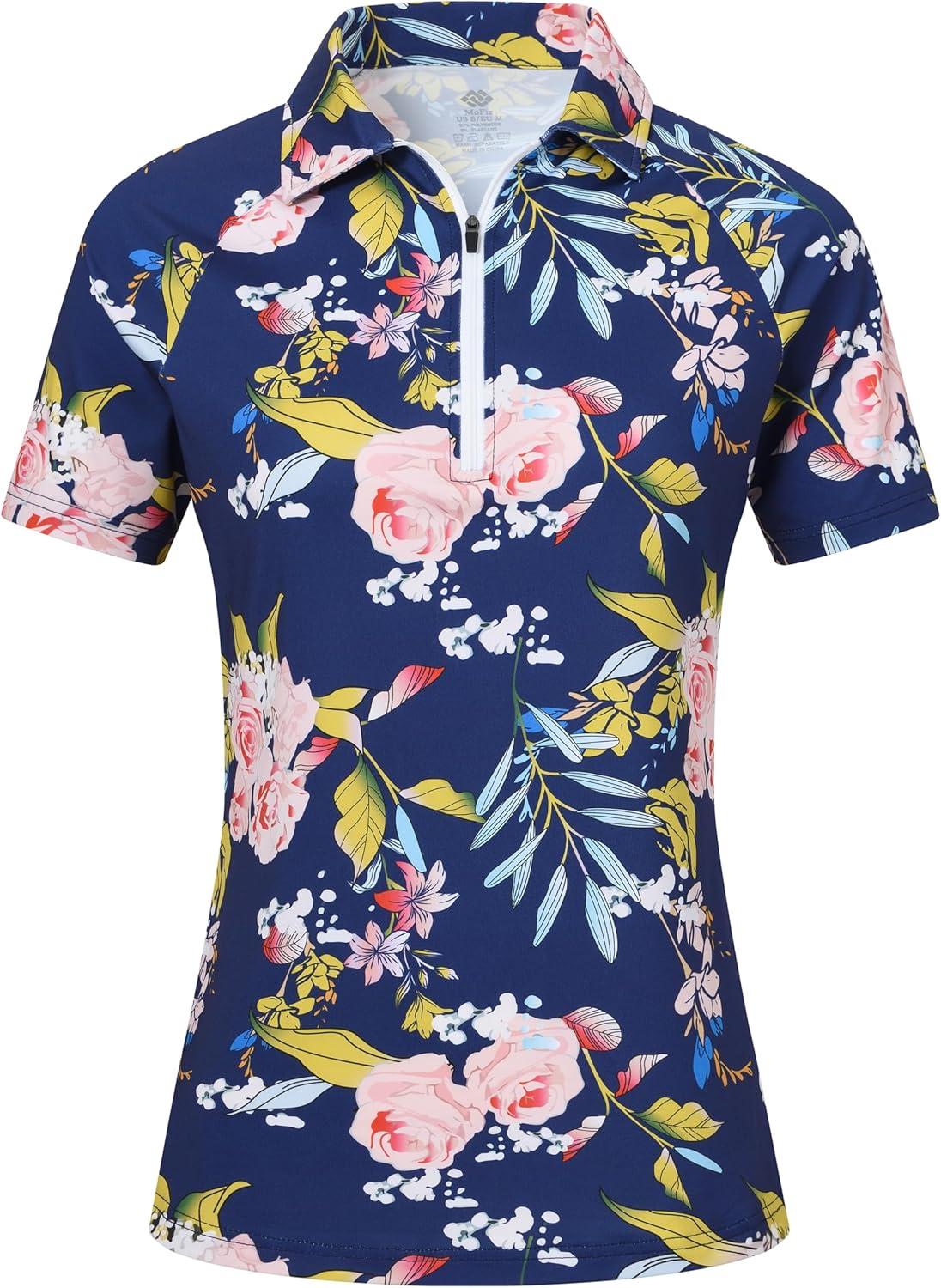 image:imageMoFiz Womens Golf Polo Shirt Short Sleeve Collared 14 Zip Athletic Tennis Shirt QuickDry Lightweight Summer Casual TopsNavy Blue Floral Print