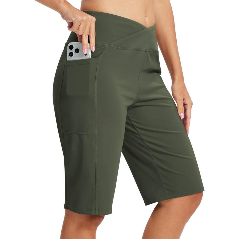 image:imageMoFiz Womens Bermuda Long Shorts 12 High Waisted Knee Length Shorts for Women Summer Athletic Running ShortsArmy Green