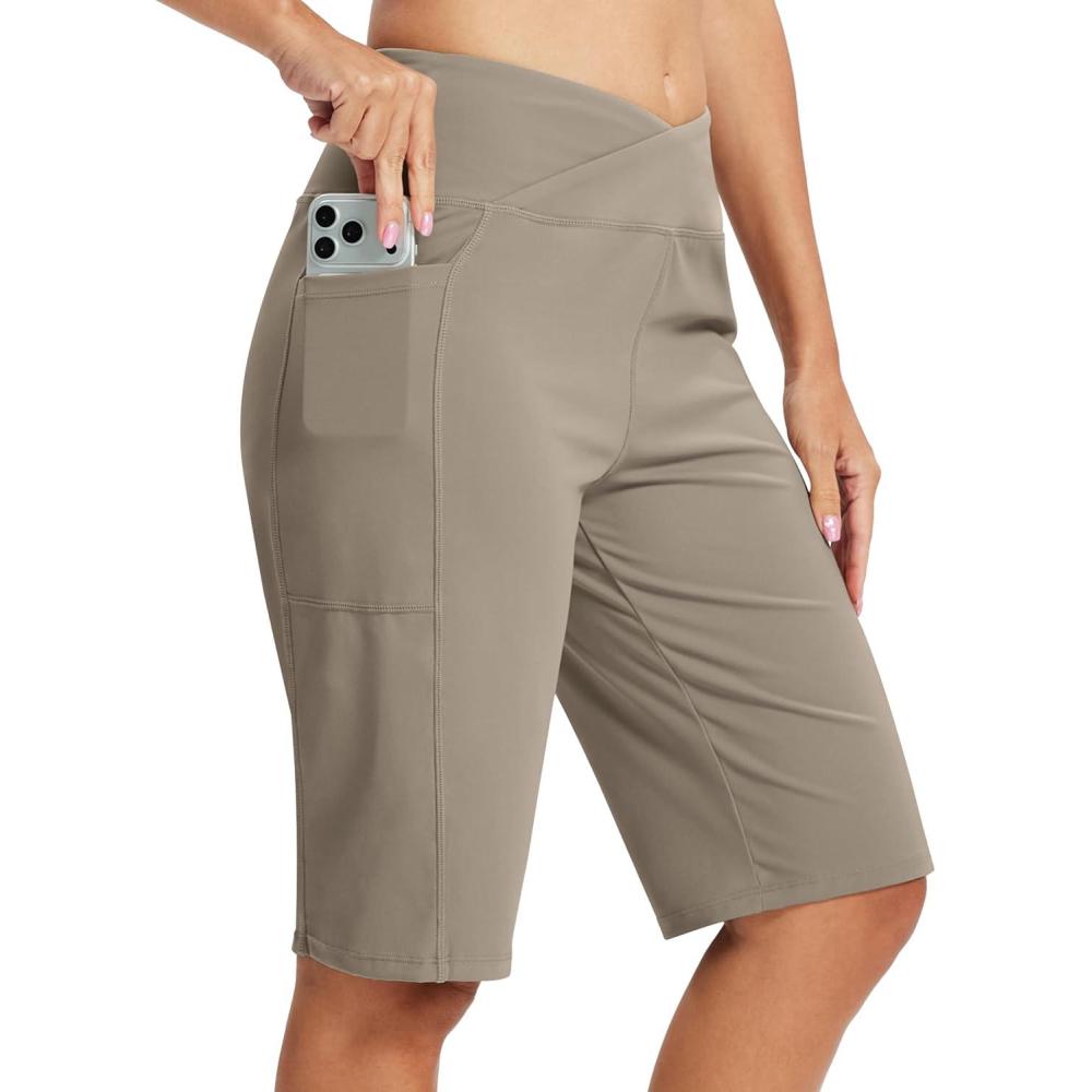 image:imageMoFiz Womens Bermuda Long Shorts 12 High Waisted Knee Length Shorts for Women Summer Athletic Running ShortsDark Khaki