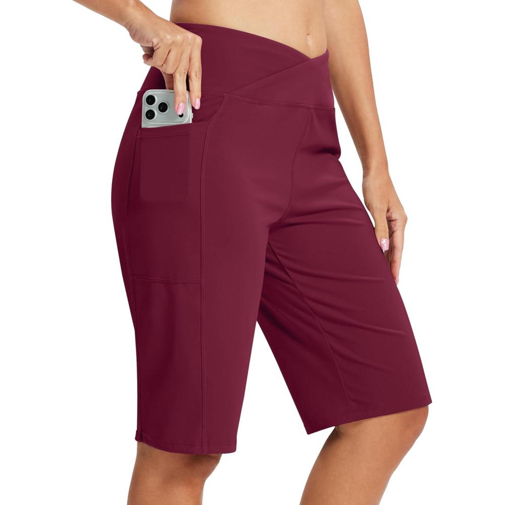 image:imageMoFiz Womens Bermuda Long Shorts 12 High Waisted Knee Length Shorts for Women Summer Athletic Running ShortsWine Red