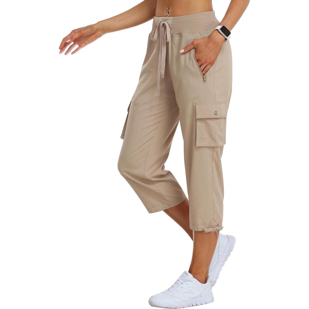 image:imageMoFiz Womens Cargo Capris Hiking Pants Lightweight Quick Dry Outdoor Athletic Travel Casual Loose Comfy Cute Zipper PocketsC02khaki