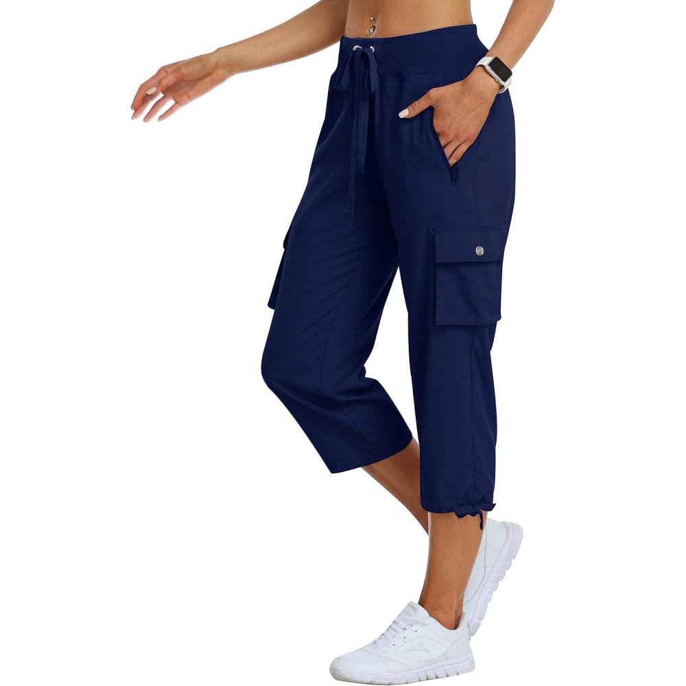 image:imageMoFiz Womens Cargo Capris Hiking Pants Lightweight Quick Dry Outdoor Athletic Travel Casual Loose Comfy Cute Zipper PocketsC03navy