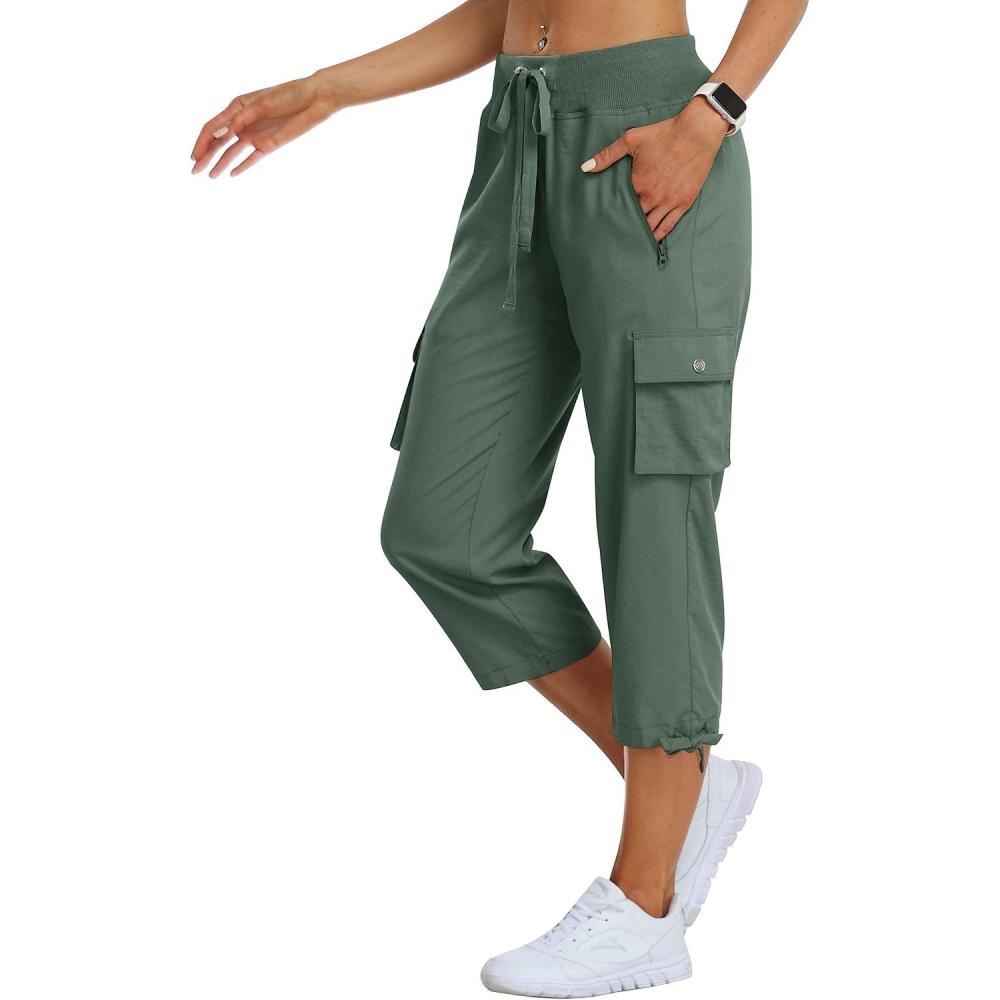 image:imageMoFiz Womens Cargo Capris Hiking Pants Lightweight Quick Dry Outdoor Athletic Travel Casual Loose Comfy Cute Zipper PocketsC04army Green