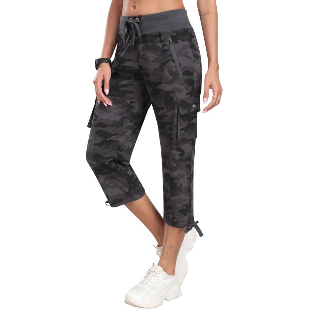 image:imageMoFiz Womens Cargo Capris Hiking Pants Lightweight Quick Dry Outdoor Athletic Travel Casual Loose Comfy Cute Zipper PocketsC05camouflage Gray