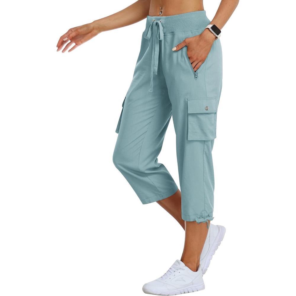 image:imageMoFiz Womens Cargo Capris Hiking Pants Lightweight Quick Dry Outdoor Athletic Travel Casual Loose Comfy Cute Zipper PocketsC06dusty Blue