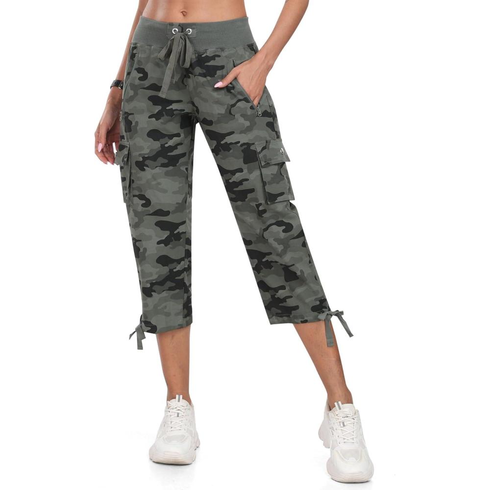 image:imageMoFiz Womens Cargo Capris Hiking Pants Lightweight Quick Dry Outdoor Athletic Travel Casual Loose Comfy Cute Zipper PocketsC08camouflage Green
