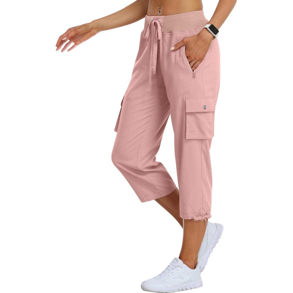 image:imageMoFiz Womens Cargo Capris Hiking Pants Lightweight Quick Dry Outdoor Athletic Travel Casual Loose Comfy Cute Zipper PocketsC09dusty Pink Khaki