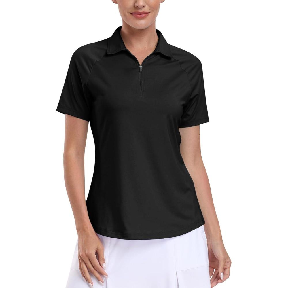 image:imageMoFiz Womens Golf Polo Shirt Short Sleeve Collared 14 Zip Athletic Tennis Shirt QuickDry Lightweight Summer Casual TopsBlack