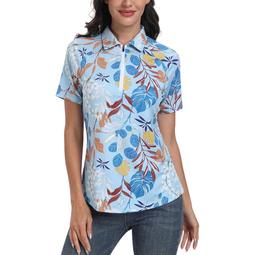 image:imageMoFiz Womens Golf Polo Shirt Short Sleeve Collared 14 Zip Athletic Tennis Shirt QuickDry Lightweight Summer Casual TopsBlue Botanical Print