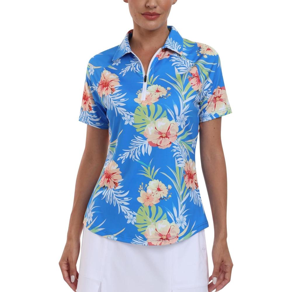 image:imageMoFiz Womens Golf Polo Shirt Short Sleeve Collared 14 Zip Athletic Tennis Shirt QuickDry Lightweight Summer Casual TopsBlue Floral Print