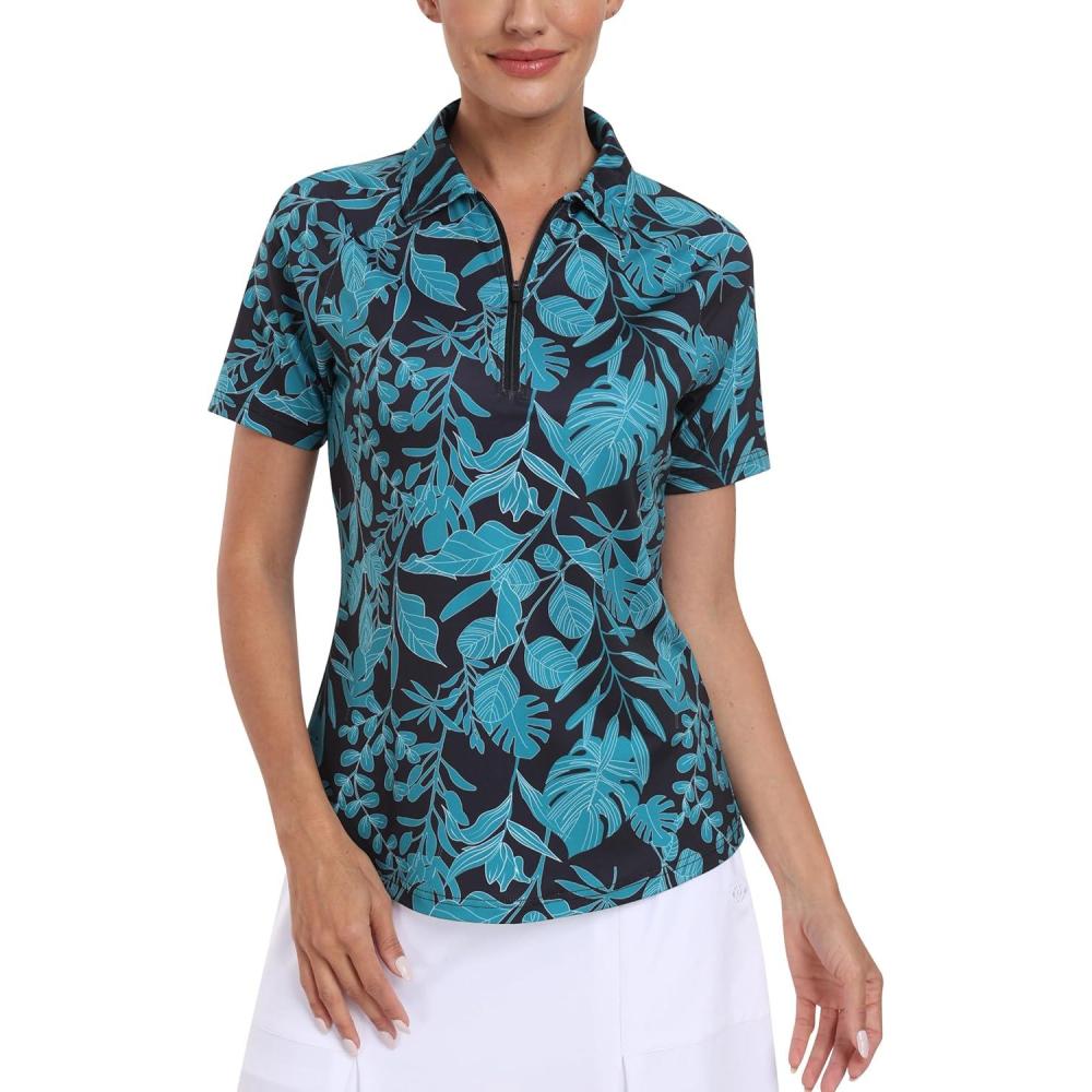 image:imageMoFiz Womens Golf Polo Shirt Short Sleeve Collared 14 Zip Athletic Tennis Shirt QuickDry Lightweight Summer Casual TopsGreen Botanical Print