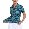 MoFiz Women’s Golf Polo Shirt Short Sleeve Collared 1/4 Zip Athletic Tennis Shirt Quick-Dry Lightweight Summer Casual Tops(Green Botanical Print)