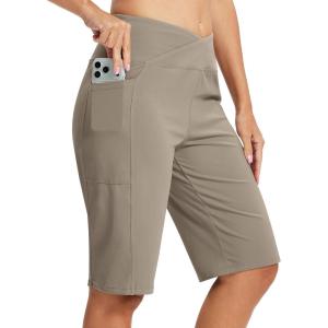 MoFiz Women’s Bermuda Long Shorts 12″ High Waisted Knee Length Shorts for Women Summer Athletic Running Shorts(Dark Khaki)