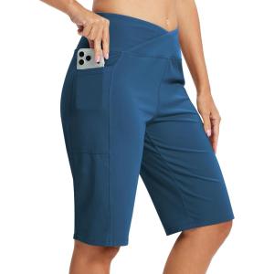 MoFiz Women’s Bermuda Long Shorts 12″ High Waisted Knee Length Shorts for Women Summer Athletic Running Shorts(Indigo)