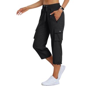 MoFiz Women’s Cargo Capris Hiking Pants Lightweight Quick Dry Outdoor Athletic Travel Casual Loose Comfy Cute Zipper Pockets(C01-black)