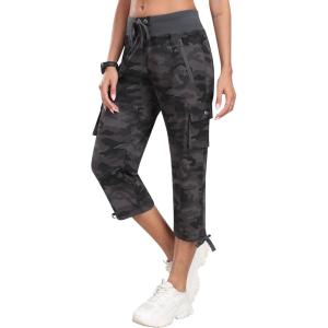 MoFiz Women’s Cargo Capris Hiking Pants Lightweight Quick Dry Outdoor Athletic Travel Casual Loose Comfy Cute Zipper Pockets(C05-camouflage Gray)