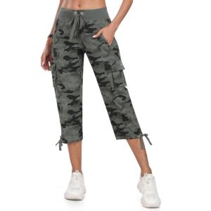 MoFiz Women’s Cargo Capris Hiking Pants Lightweight Quick Dry Outdoor Athletic Travel Casual Loose Comfy Cute Zipper Pockets(C08-camouflage Green)