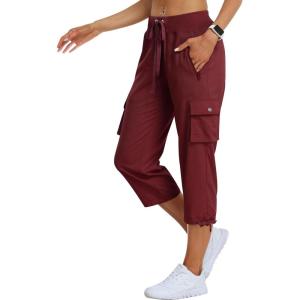 MoFiz Women’s Cargo Capris Hiking Pants Lightweight Quick Dry Outdoor Athletic Travel Casual Loose Comfy Cute Zipper Pockets(C10-wine Red Khaki)