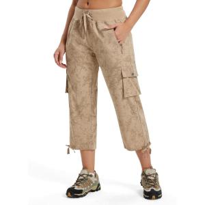 MoFiz Women’s Cargo Capris Hiking Pants Lightweight Quick Dry Outdoor Athletic Travel Casual Loose Comfy Cute Zipper Pockets(C12-camouflage Khaki)