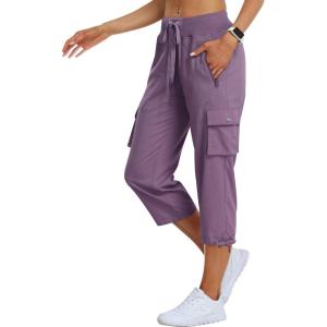 MoFiz Women’s Cargo Capris Hiking Pants Lightweight Quick Dry Outdoor Athletic Travel Casual Loose Comfy Cute Zipper Pockets(C13-light Purple)