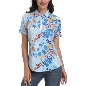 MoFiz Women’s Golf Polo Shirt Short Sleeve Collared 1/4 Zip Athletic Tennis Shirt Quick-Dry Lightweight Summer Casual Tops(Blue Botanical Print)