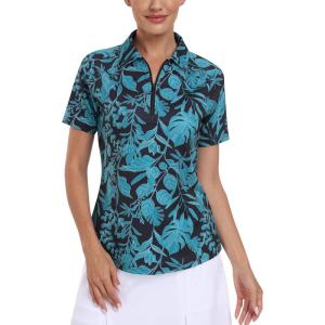 MoFiz Women’s Golf Polo Shirt Short Sleeve Collared 1/4 Zip Athletic Tennis Shirt Quick-Dry Lightweight Summer Casual Tops(Green Botanical Print)