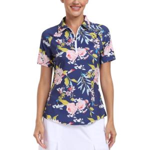 MoFiz Women’s Golf Polo Shirt Short Sleeve Collared 1/4 Zip Athletic Tennis Shirt Quick-Dry Lightweight Summer Casual Tops(Navy Blue Floral Print)