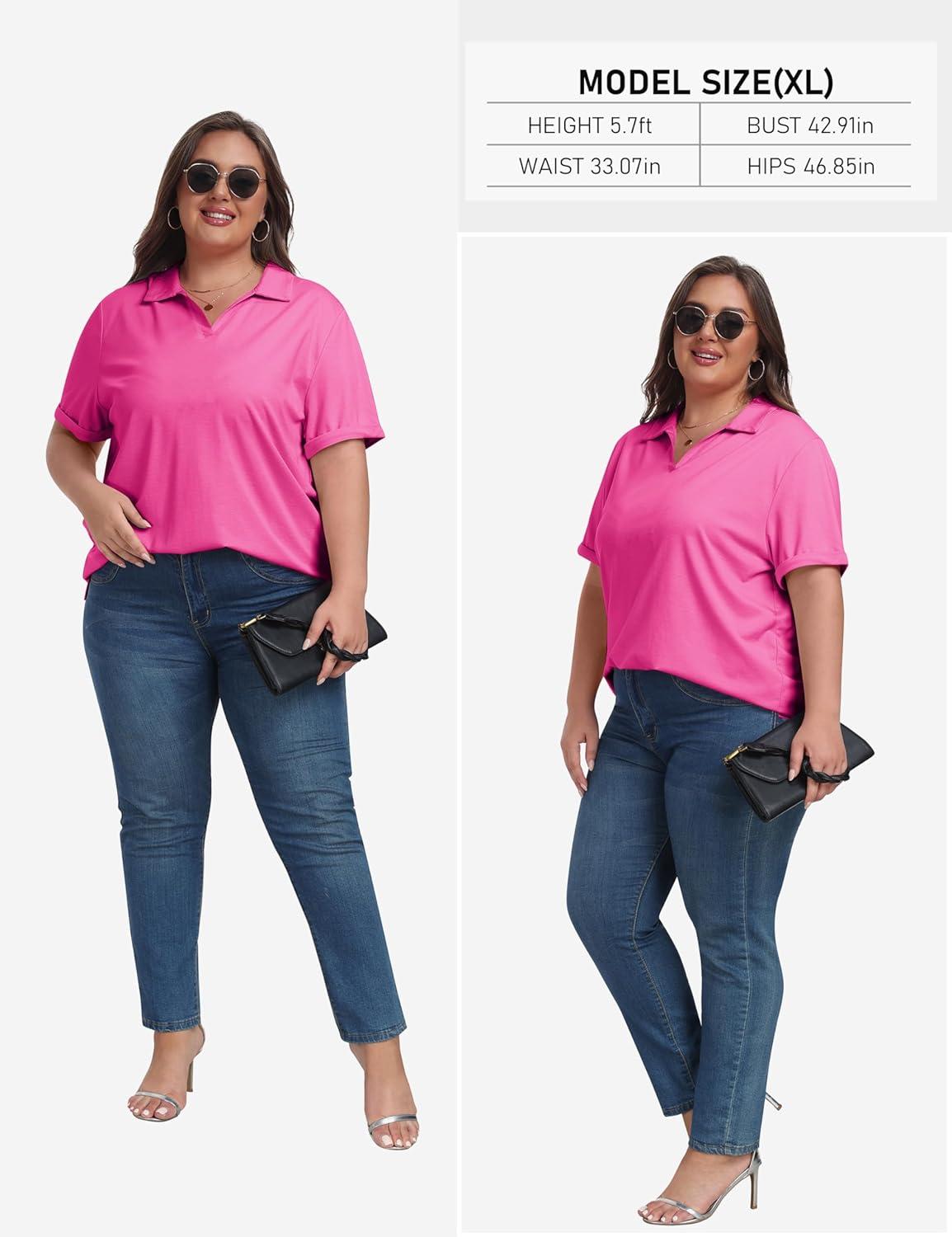 image:imageMoFiz Womens Plus Size Golf Polo Shirts Loose Fit Short Sleeve VNeck Tennis Workouts Tops XL5XLRose Red