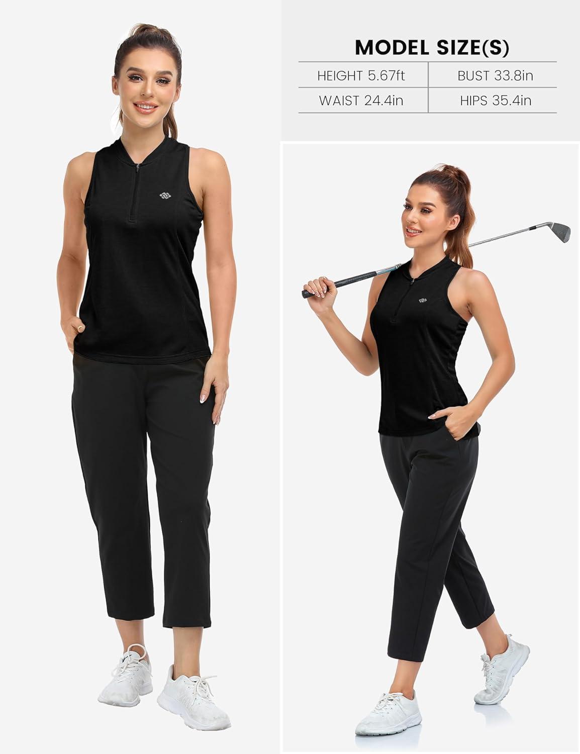 image:imageMoFiz Womens Sleeveless Golf Polo Shirts Tennis Tank Tops Racerback with 14 Zip Collarless UPF 50 Quick Dry LightweightBlack