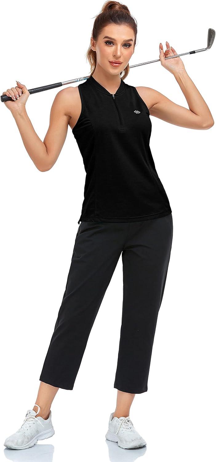 image:imageMoFiz Womens Sleeveless Golf Polo Shirts Tennis Tank Tops Racerback with 14 Zip Collarless UPF 50 Quick Dry LightweightBlack