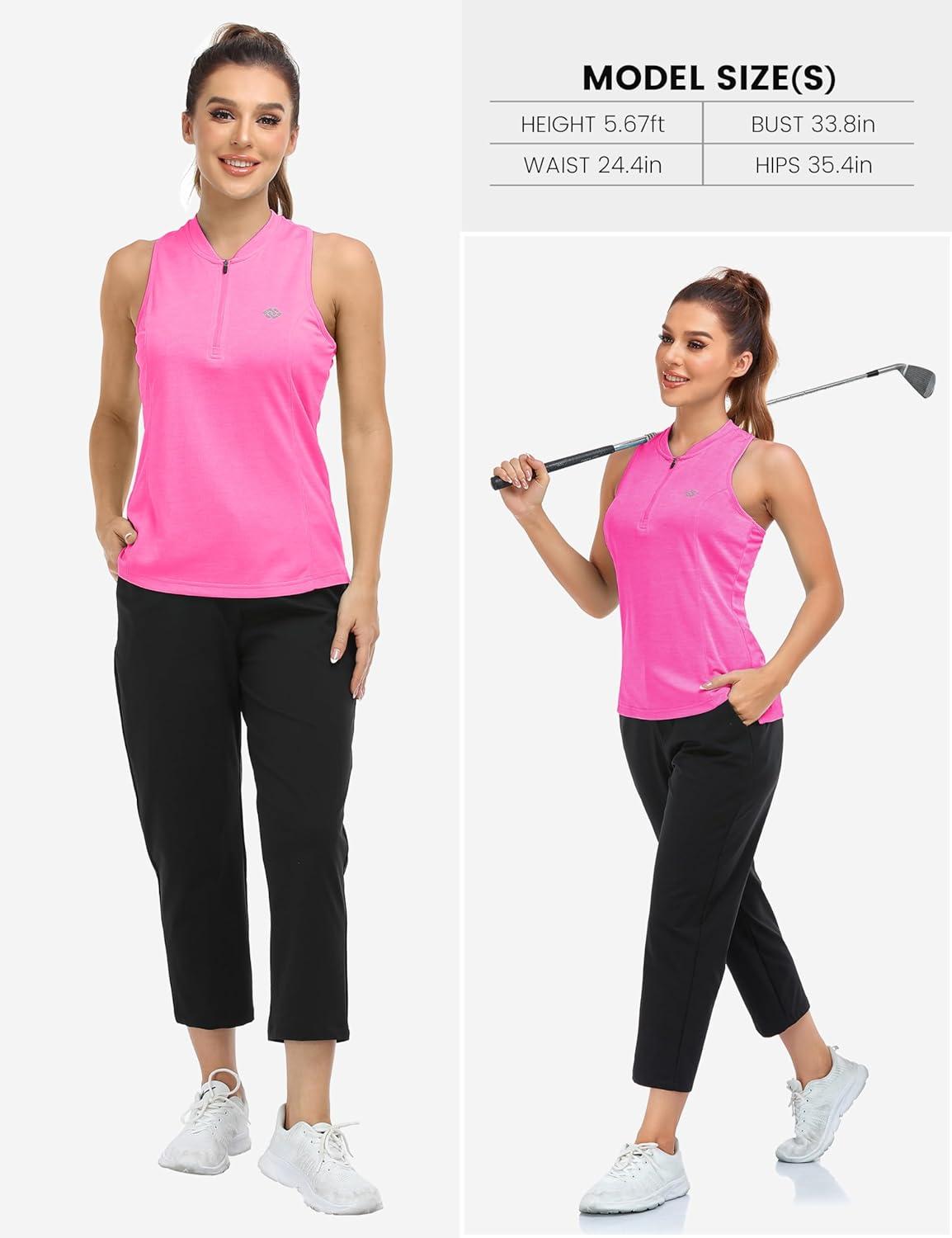 image:imageMoFiz Womens Sleeveless Golf Polo Shirts Tennis Tank Tops Racerback with 14 Zip Collarless UPF 50 Quick Dry LightweightRose Red
