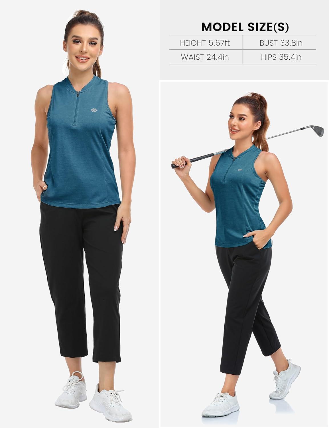 image:imageMoFiz Womens Sleeveless Golf Polo Shirts Tennis Tank Tops Racerback with 14 Zip Collarless UPF 50 Quick Dry LightweightSea Blue