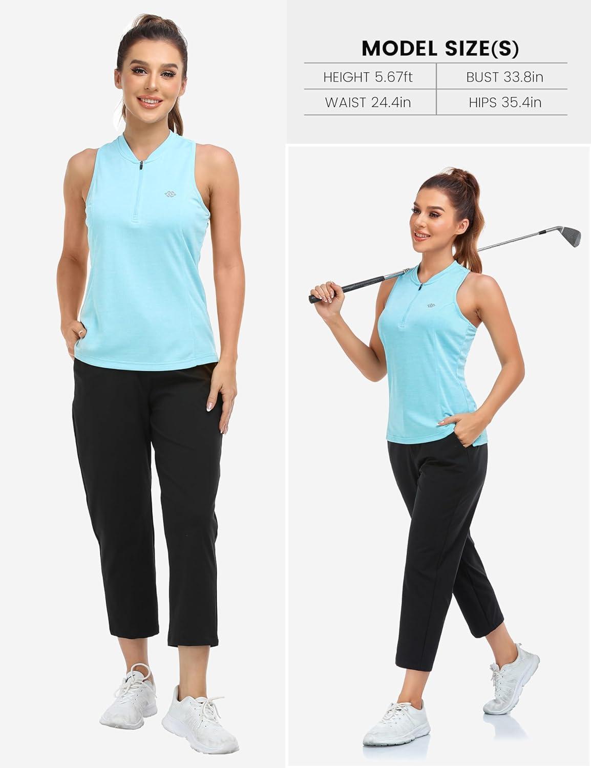 image:imageMoFiz Womens Sleeveless Golf Polo Shirts Tennis Tank Tops Racerback with 14 Zip Collarless UPF 50 Quick Dry LightweightSky Blue