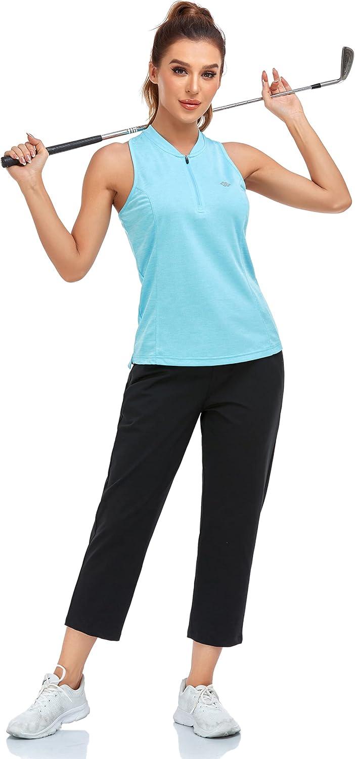 image:imageMoFiz Womens Sleeveless Golf Polo Shirts Tennis Tank Tops Racerback with 14 Zip Collarless UPF 50 Quick Dry LightweightSky Blue