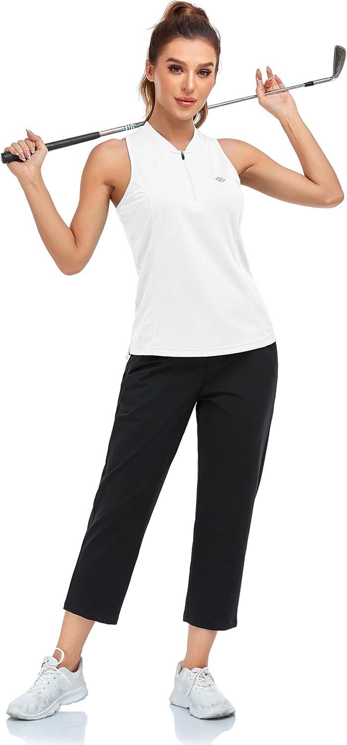 image:imageMoFiz Womens Sleeveless Golf Polo Shirts Tennis Tank Tops Racerback with 14 Zip Collarless UPF 50 Quick Dry LightweightWhite