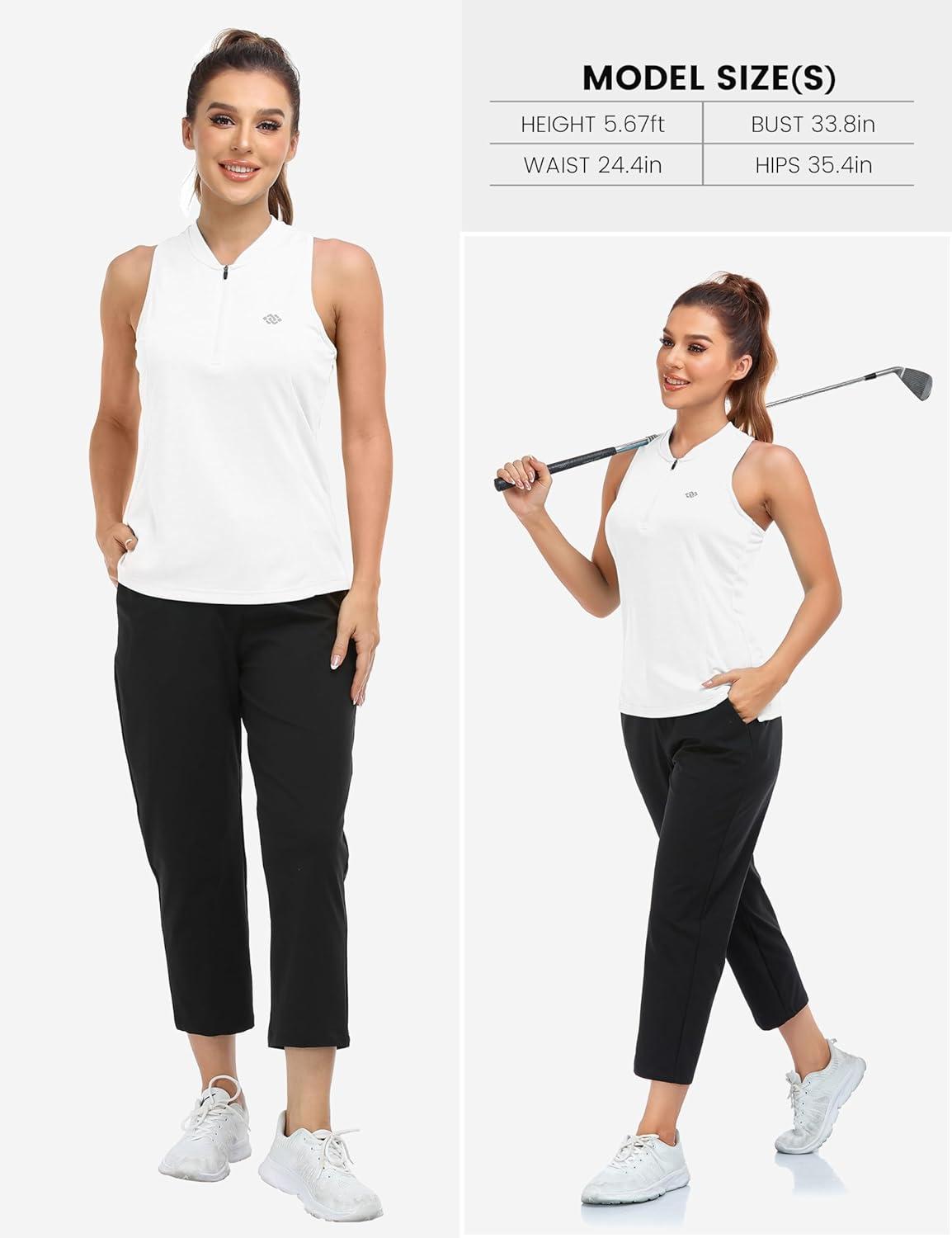 image:imageMoFiz Womens Sleeveless Golf Polo Shirts Tennis Tank Tops Racerback with 14 Zip Collarless UPF 50 Quick Dry LightweightWhite