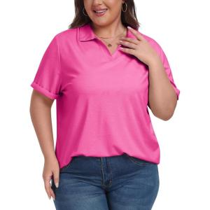 MoFiz Women’s Plus Size Golf Polo Shirts Loose Fit Short Sleeve V-Neck Tennis Workouts Tops, XL-5XL(Rose Red)