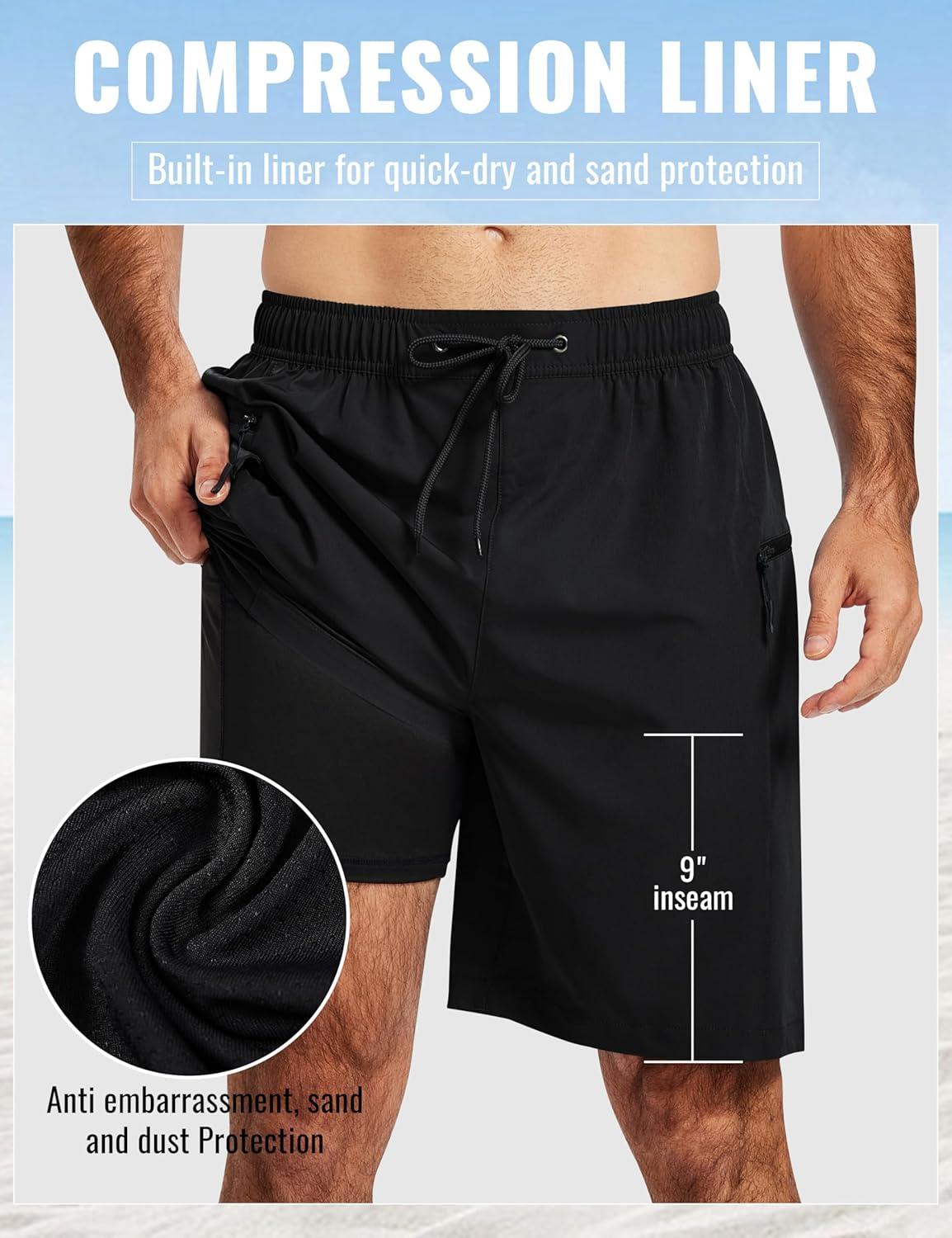 image:imageMoFiz Mens Swim Trunks 9 Quick Dry Mens Broad Beach Shorts Stretch Mens Swim ShortsAblack