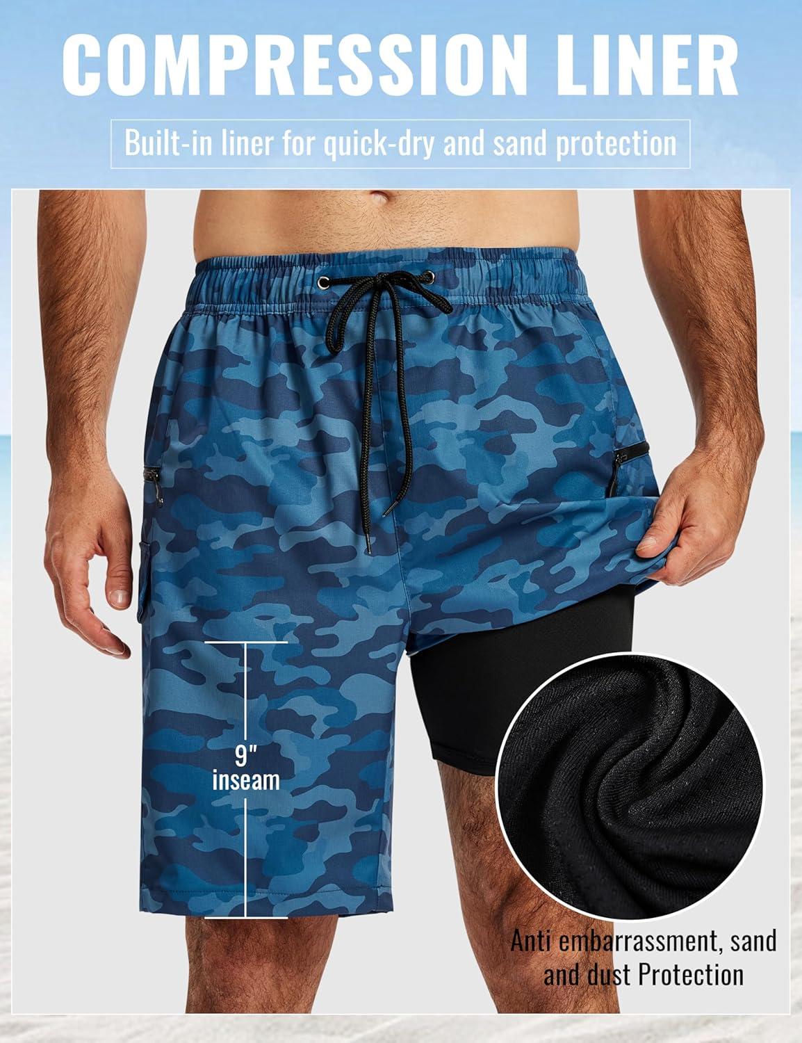image:imageMoFiz Mens Swim Trunks 9 Quick Dry Mens Broad Beach Shorts Stretch Mens Swim ShortsCamo Blue