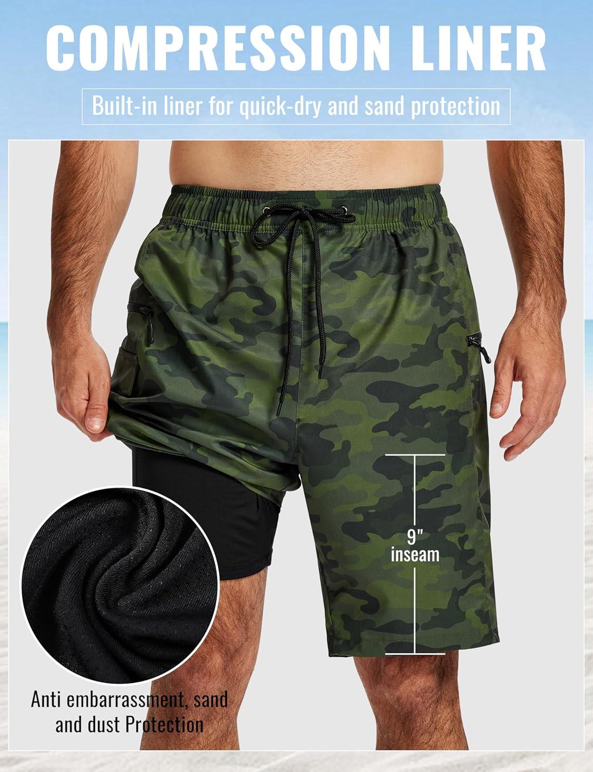 image:imageMoFiz Mens Swim Trunks 9 Quick Dry Mens Broad Beach Shorts Stretch Mens Swim ShortsCamo Green