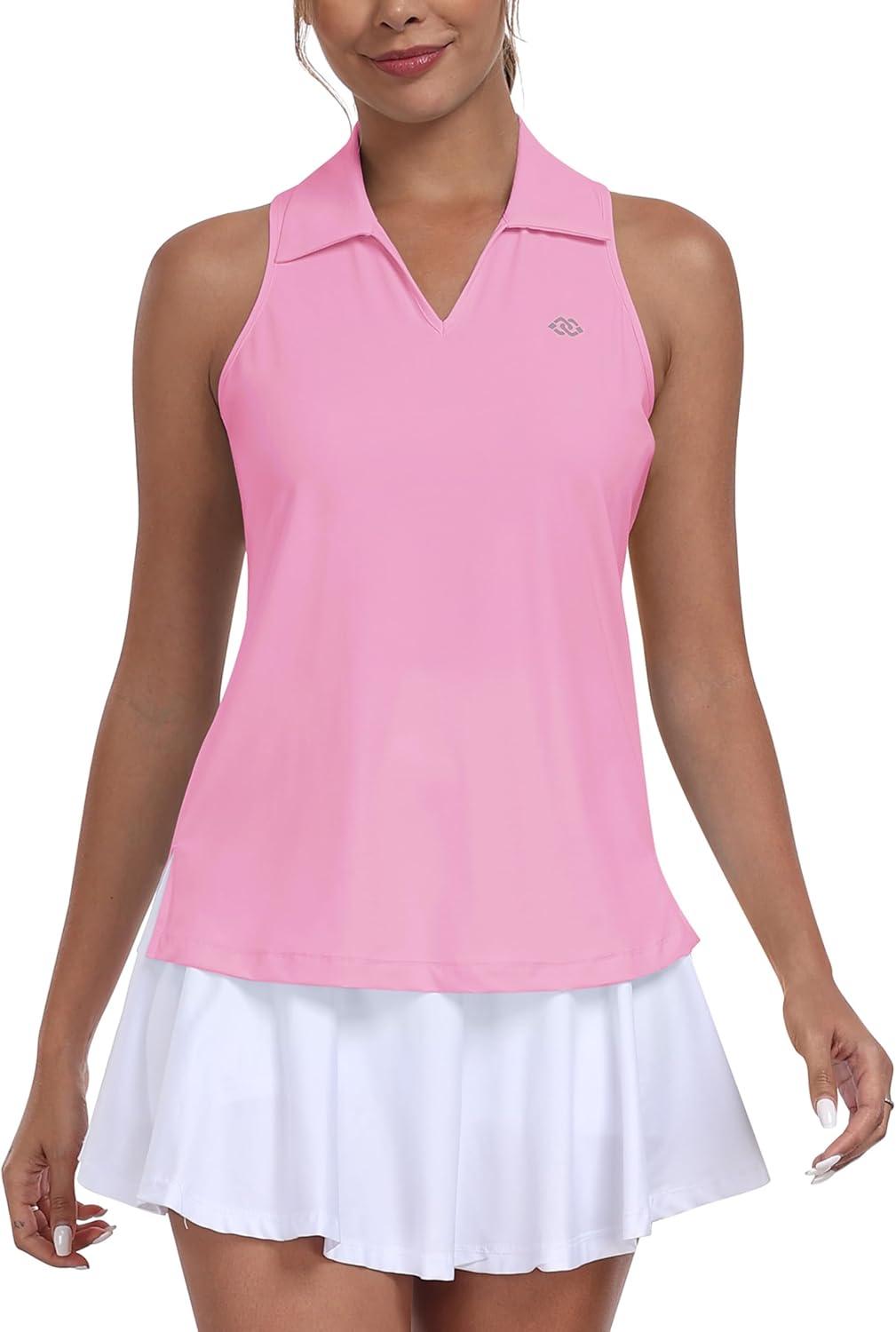 image:imageMoFiz Womens Golf Shirts Sleeveless Tennis Tank Tops Racerback Polo V Neck Collared Quick Dry Athletic TanksPink 02 M