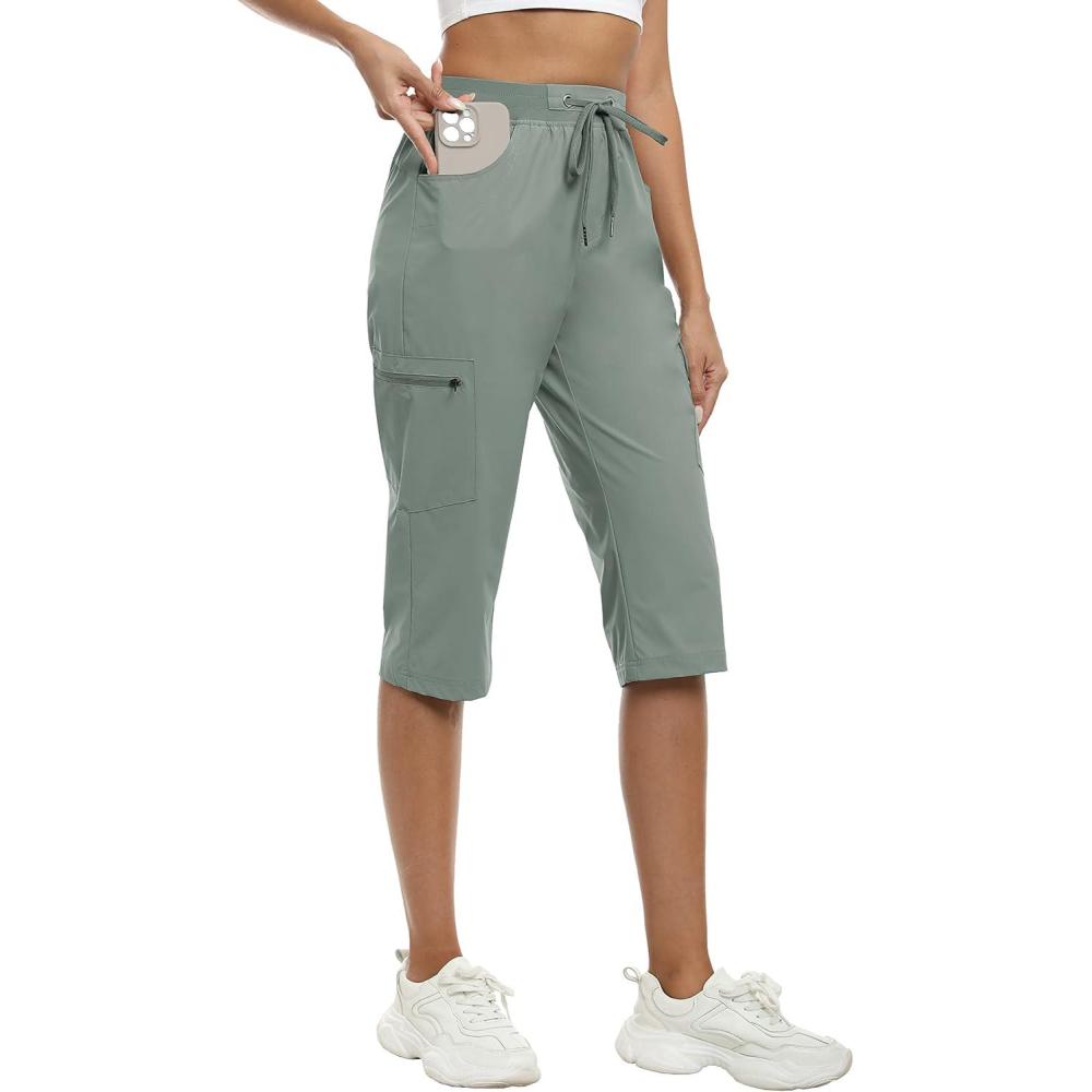 image:imageMoFiz Capri Pants for Women Lightweight Ice Cool Capris for Women Casual Summer Trip Loose Shorts with Zipper PocketsA02gray Green